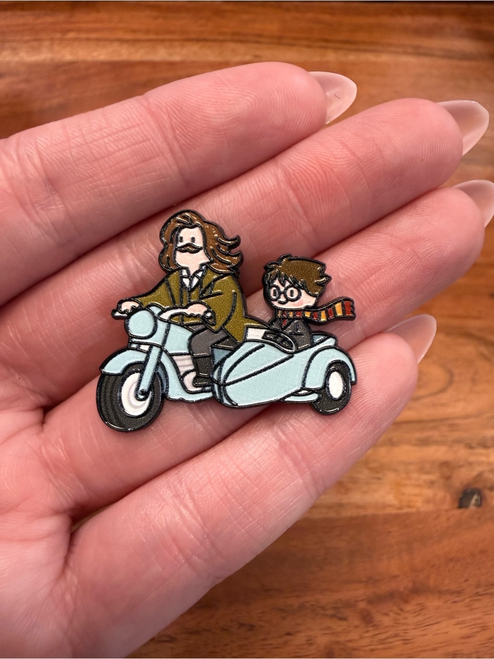 Harry Potter inspired Lupin & Harry Flying Motorcycle Gryffindor Enamel Brooch